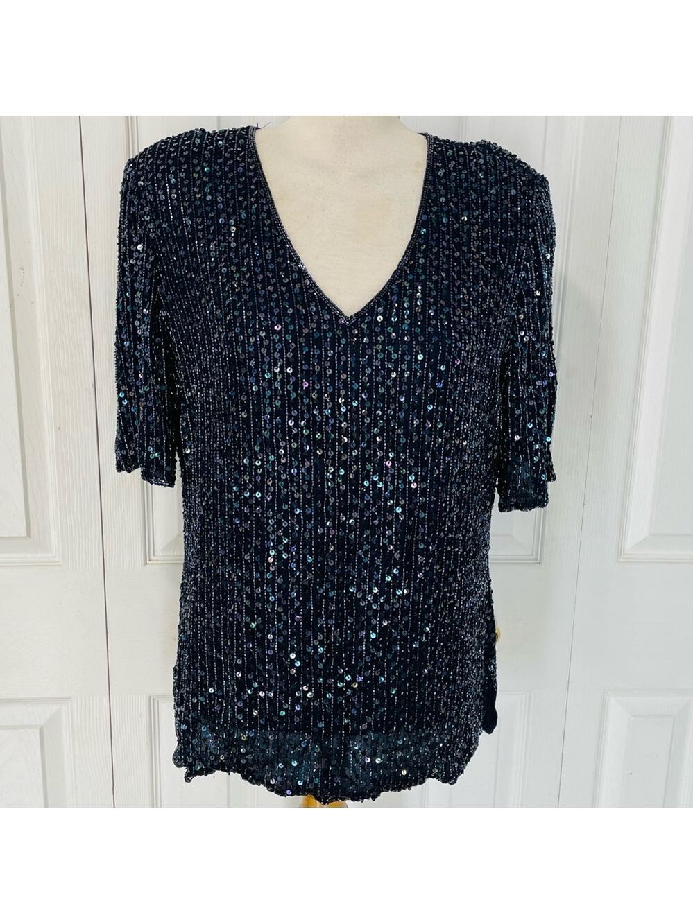 Vintage Frank Usher Beaded Short Sleeve 100% Silk Blouse